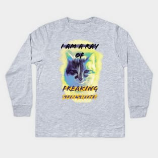 I Am a Ray of Freaking Sunshine blue Cat with Background Kids Long Sleeve T-Shirt